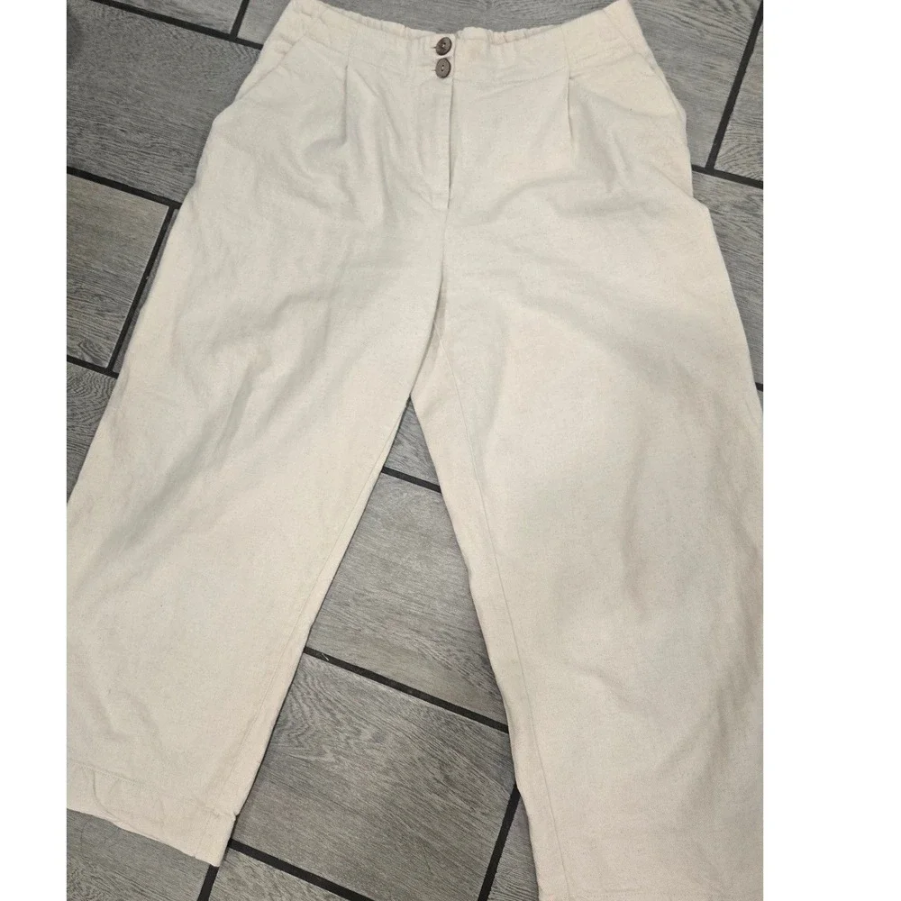Zara Cream Cotton Linen Blend Wide Leg Cropped Pants Pleated High Waist Small